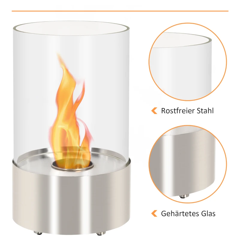 HOMCOM Biokamin Ethanol Kamin Bio Ethanol Brenner 0,4L Brenndauer kein Rauch mit Feuerlöschhaken Edelstahl gehärtetes Glas Silber 23 x 23 x 39 cm