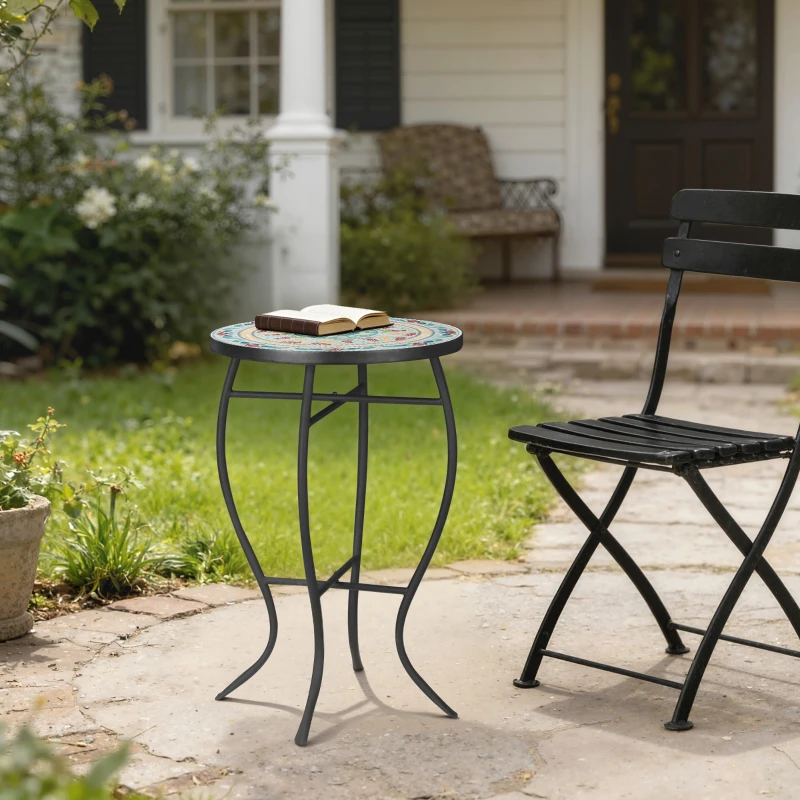 Outsunny Mesa de Jardim Redonda Mesa Auxiliar de Mosaico com Pés de Metal para Pátio Terraço Exterior Varanda Ø35,5x53,5 cm Turquesa