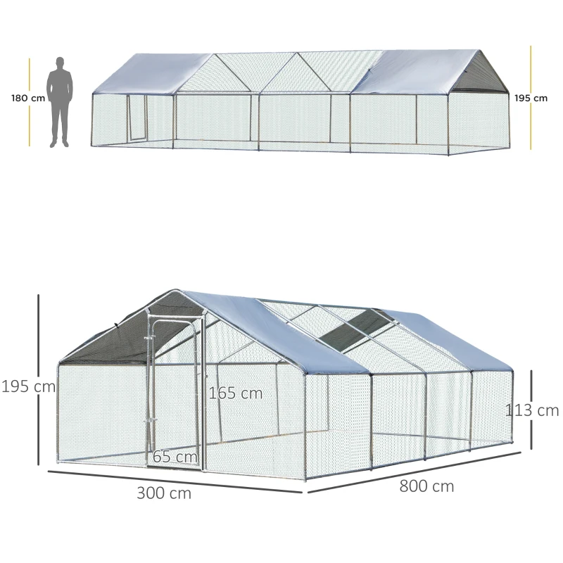 PawHut Pollaio per Galline in Metallo Zincato con Copertura Resistente Acqua e Raggi UV, 300x800x195cm