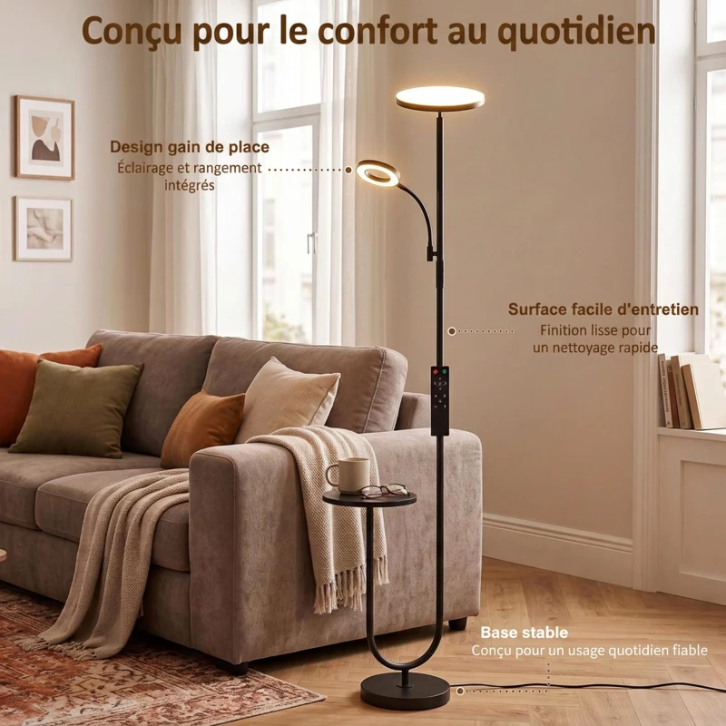 HOMCOM Lampadaire LED Dimmable 42W 4840LM Liseuse Réglable et Tablette Lampadaire sur Pied Salon 2700K-6000K Télécommande Noir