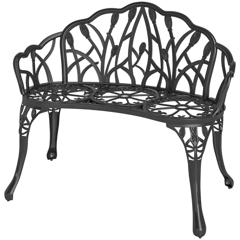 Outsunny Gartenbank 2-Sitzer Gussaluminium wetterfest Outdoor Sitzbank mit Tulpen-Rückenlehne Blumenmotiv 99 x 57 x 78 cm