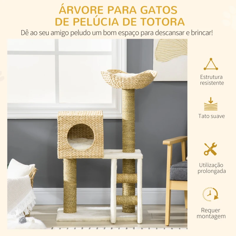 PawHut Arranhador para Gatos Arranhador para Gatos com Cama Superior Caverna 2 Almofadas 2 Postes Escada 57x37x100,5cm Bege