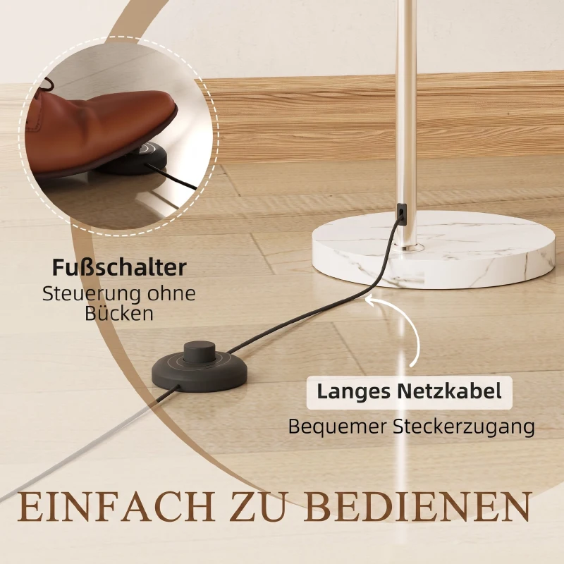 HOMCOM Stehlampe, gebogener Kopf, Fußschalter, Marmorsockel, Kunststoffschirm, Weiß