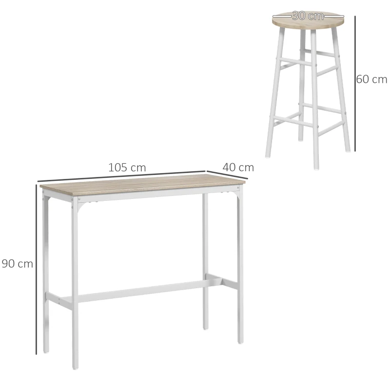 HOMCOM Ensemble table haute de bar + 2 tabourets structure en acier plateau aspect bois naturel 2 personnes blanc