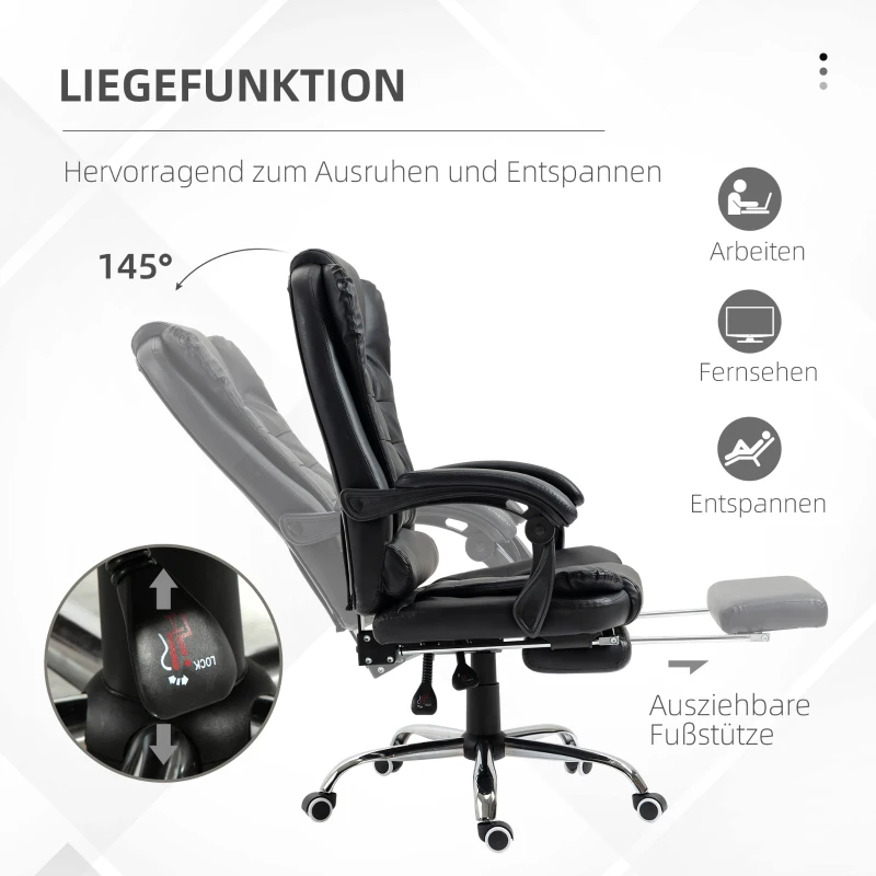 HOMCOM Bürostuhl mit Fußstütze, Schreibtischstuhl, verstellbare Rückenlehne, höhenverstellbar, Schwarz