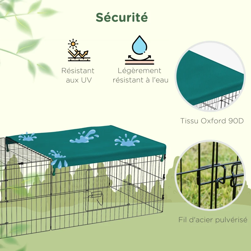 PawHut Parc enclos modulable acier avec bache pour lapins rongeurs petits animaux intérieur extérieur 185L x 75l x 50H cm vert