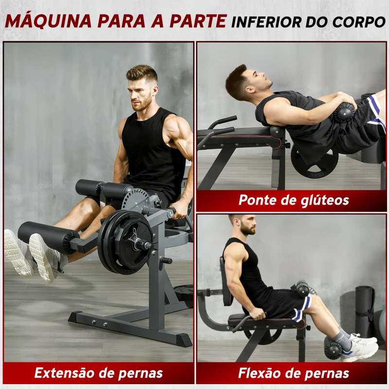SPORTNOW Máquina de Extensão e Flexão de Pernas Ajustável com Carga de Discos para Treino de Glúteos e Coxas em Ginásio