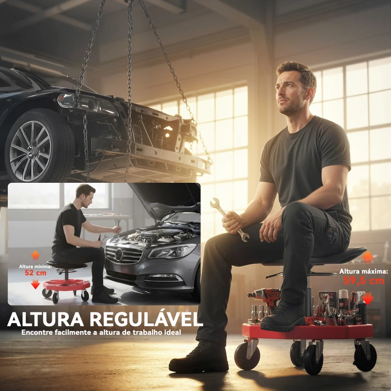 HOMCOM Banco de Oficina Móvel com Bandeja Magnética Altura Ajustável de 52–59,5 cm Carga 135 kg Banco para Mecânico com Rodas para Garagem Reparação de Automóveis Vermelho
