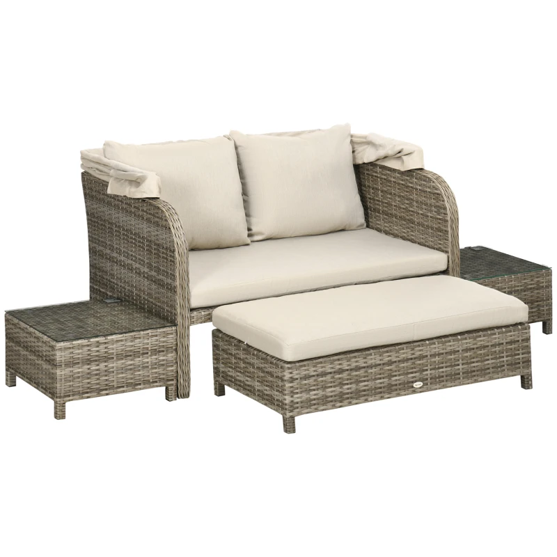 Outsunny Ensemble salon de jardin 4 pièces canapé 2 places + 1 repose-pieds + 2 table basse avec coussins beige marron