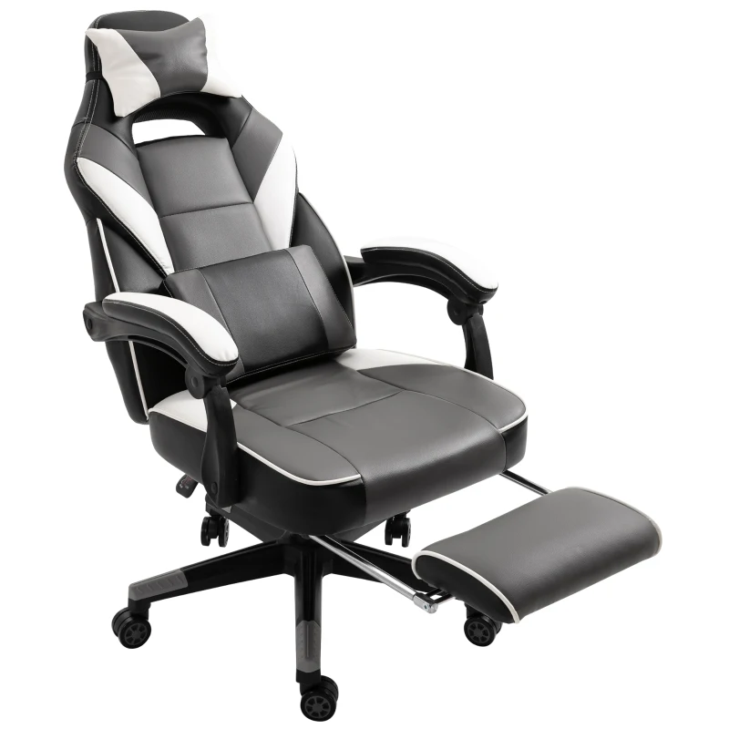 Vinsetto Ergonomischer Bürostuhl, Gaming Stuhl, Drehstuhl mit Lendenkissen und Fußstütze, Kunstleder, Grau, Weiß, Schwarz, 68 x 70 x 120-127 cm