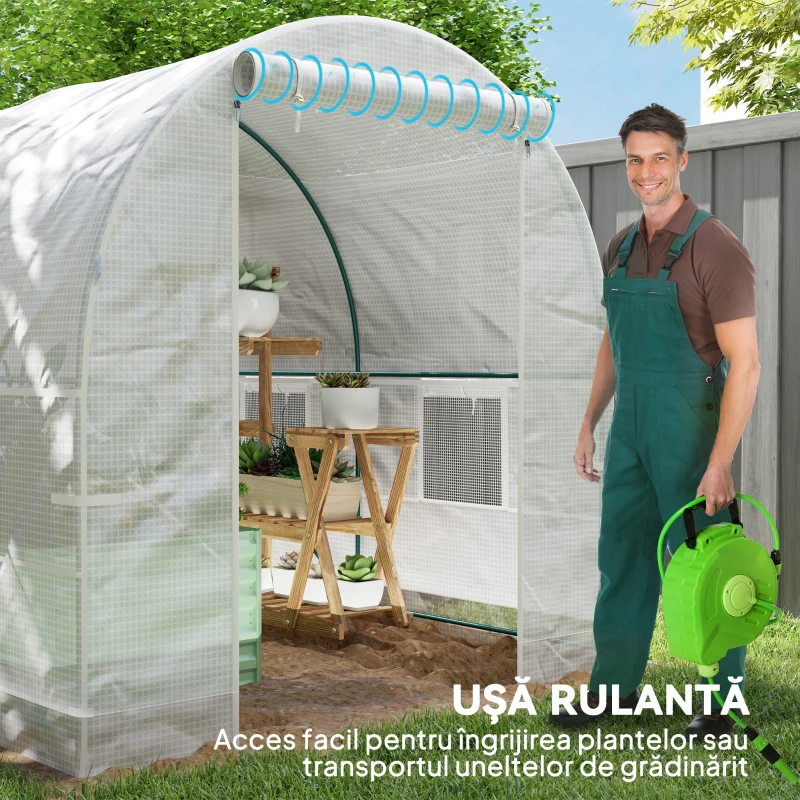 Outsunny Sera de Grădină Tip Tunel cu Cadrul din Oțel și 4 Ferestre din PE 2.5x2x2m, Albă
