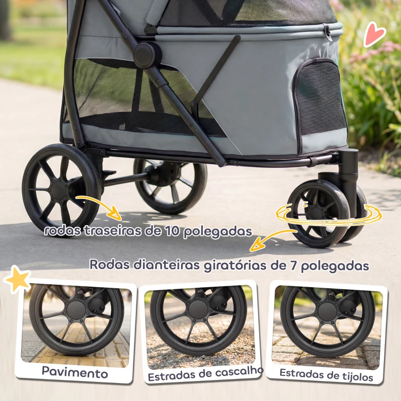 PawHut Carrinho para Cães Dobrável com 3 Rodas Janelas de Rede Almofada Lavável Todo-o-Terreno Carga 20 kg 92x63x95 cm Cinzento