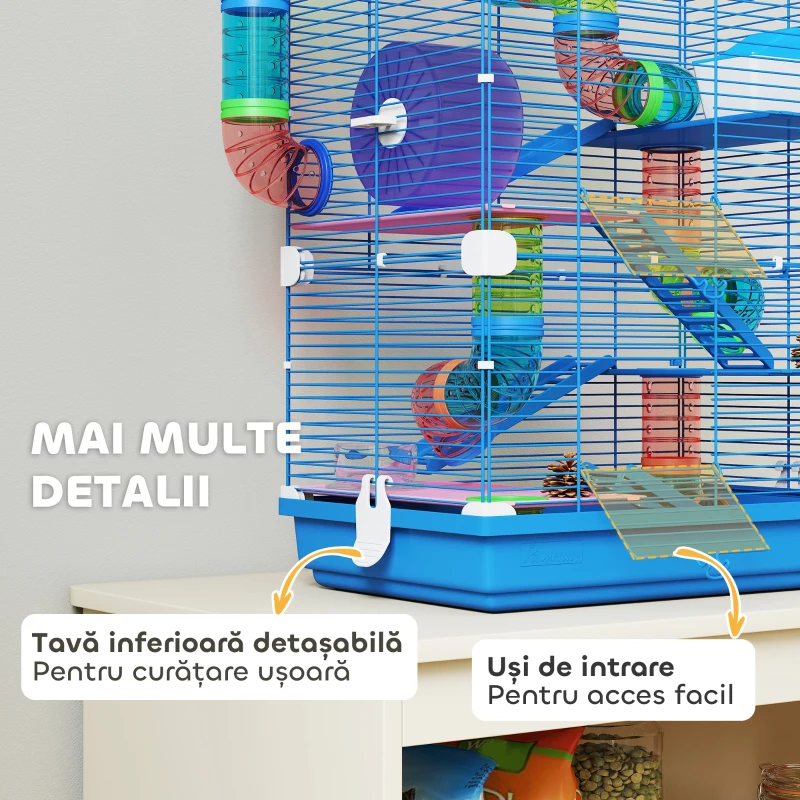 PawHut Cușcă pentru Hamsteri pe 5 Niveluri cu Tuburi, Roată, Scări, Căsuță și Sticlă, 46x30x58 cm