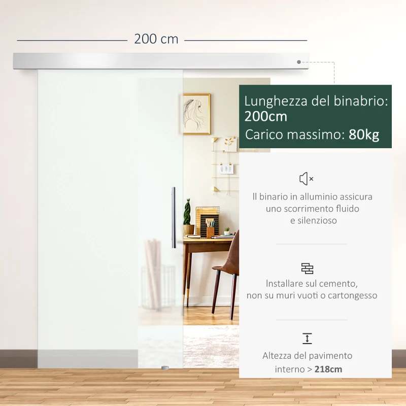 HOMCOM Porta Scorrevole Interna in Vetro Smerigliato con Binario B1 e Maniglia per Bagno Cucina Studio Vetro 205x 102.5x 0,8cm