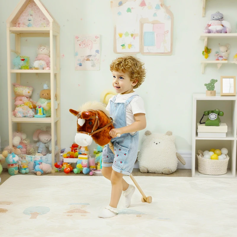 AIYAPLAY Cavalo com Pau de Madeira Sons e Rodas Cavalo de Brinquedo 95x25x27 cm Castanho