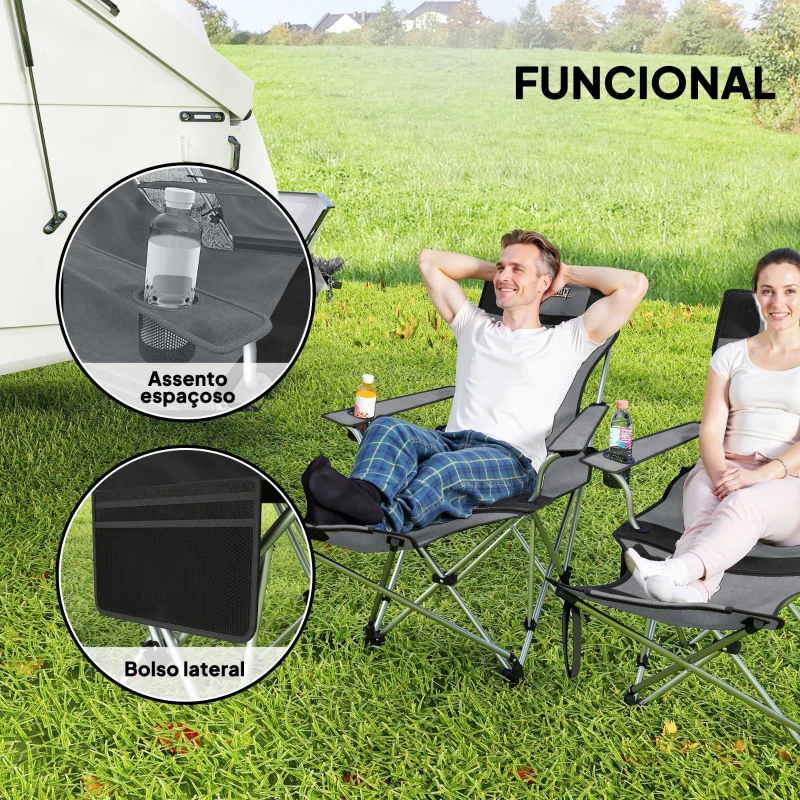 Outsunny Conjunto de 2 Cadeiras Dobráveis Campismo com Apoio para a Cabeça Porta-Copos e Bolsa Lateral 50-100x82x88 cm Cinza e Preto