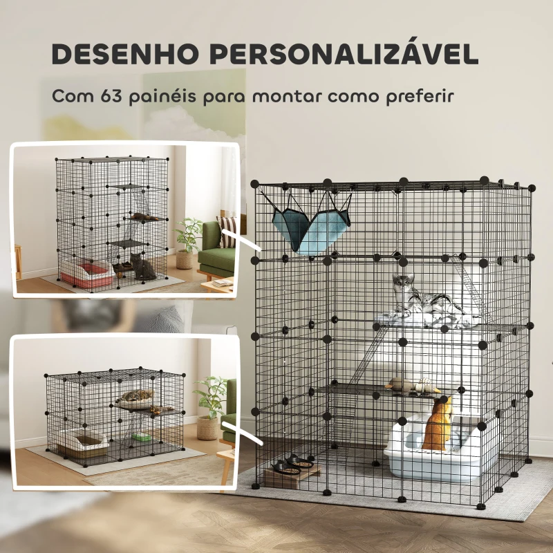 PawHut Gaiola Grande para Gatos de Interior com 4 Níveis  5 Portas 3 Plataformas de Salto 3 Rampas e Rede 105x105x140 cm Preto