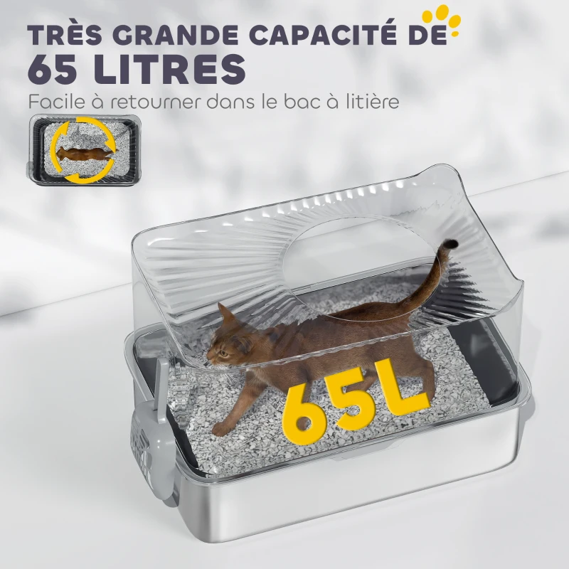 PawHut Bac à litière pour chat en acier inoxydable 85L grande capacité maison de toilette semi-fermée, 60 x 40 x 38 cm noir