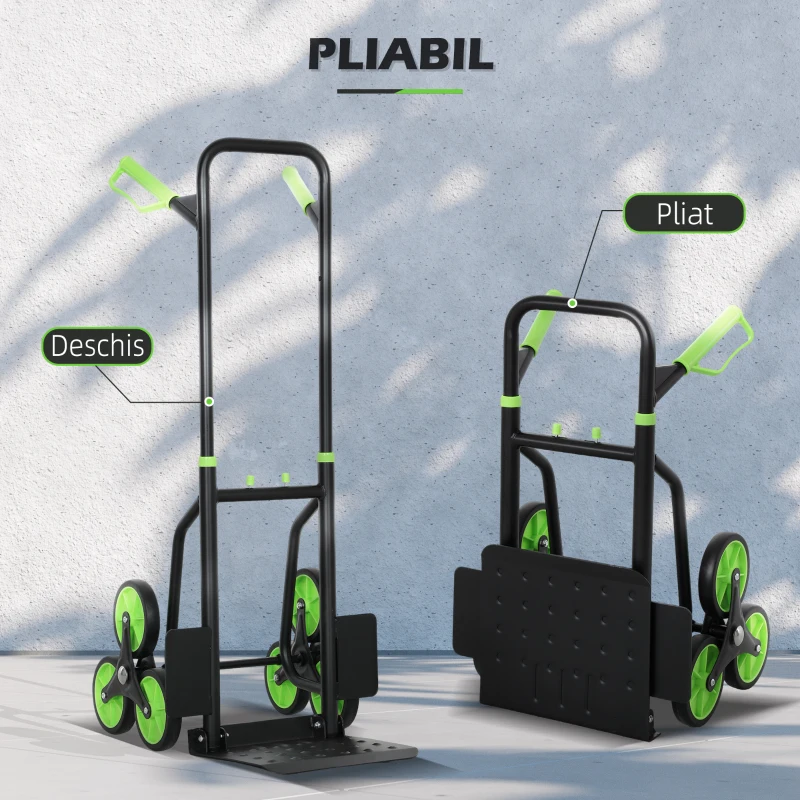 DURHAND Cărucior Portbagaj pentru Scări cu 6 Roți, Pliabil, Capacitate 120kg, din Oțel, pentru Mutări, Grădinărit, Verde