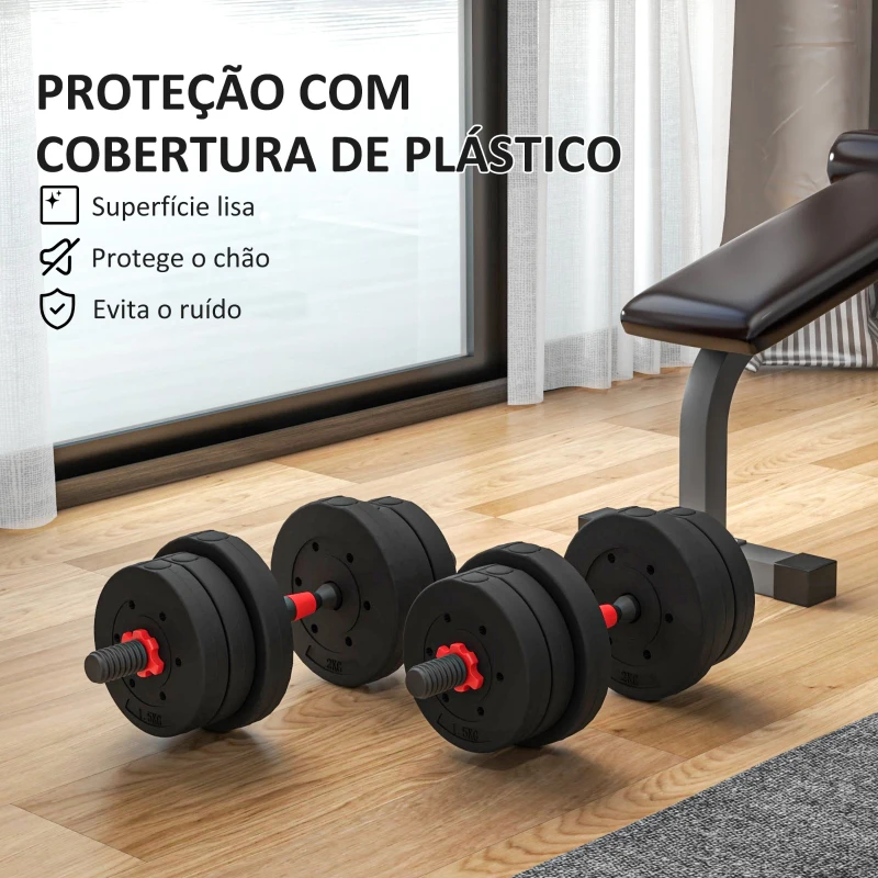 HOMCOM Conjunto de Halteres de 20 kg 2 em 1 com Barras de Conexão e Barra de Extensão Treinamento de Força e Levantamento de Pesos Preto