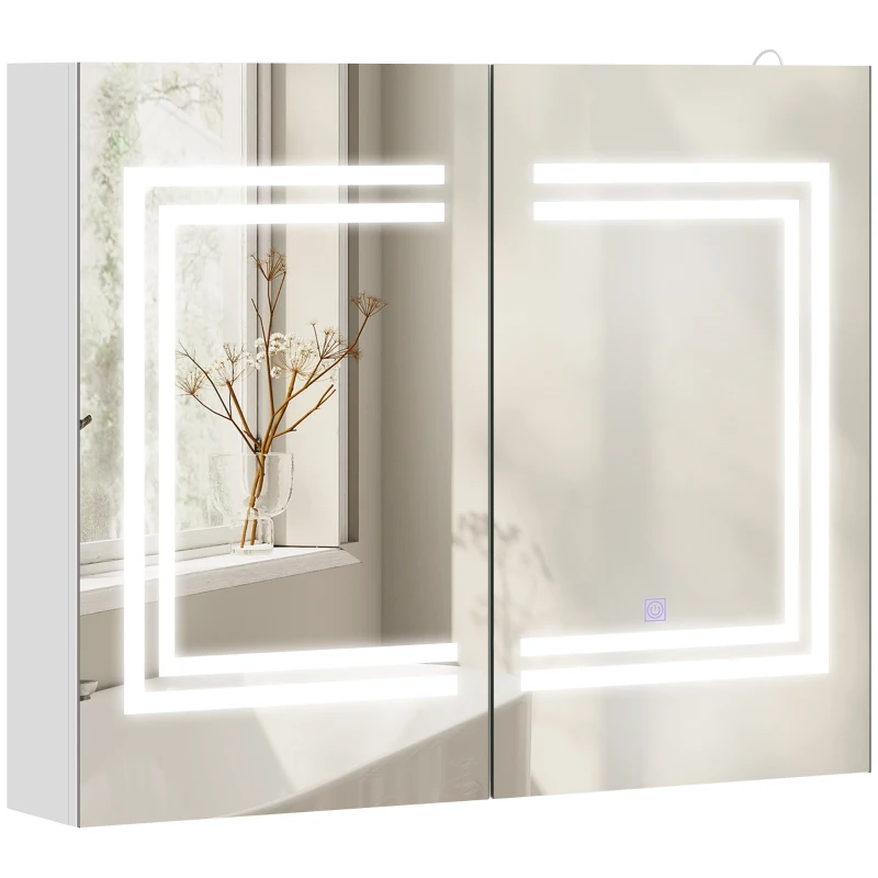 kleankin Oglindă Baie cu Dulap și LED, 80 x 65cm, Ușă Soft Close, Reglabilă pe 3 Culori, Rafturi Ajustabile, Alb Lucios