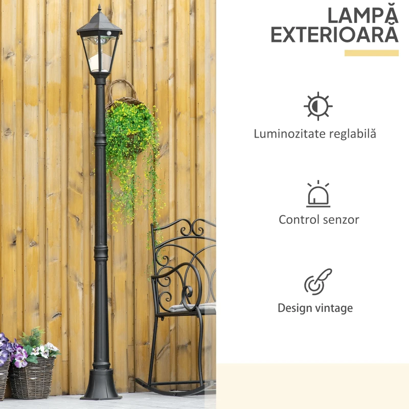 Outsunny Lampă Solară de Grădină cu Lumină LED și Senzor de Mișcare, Aluminiu și Sticlă, 22x22x196 cm, Negru