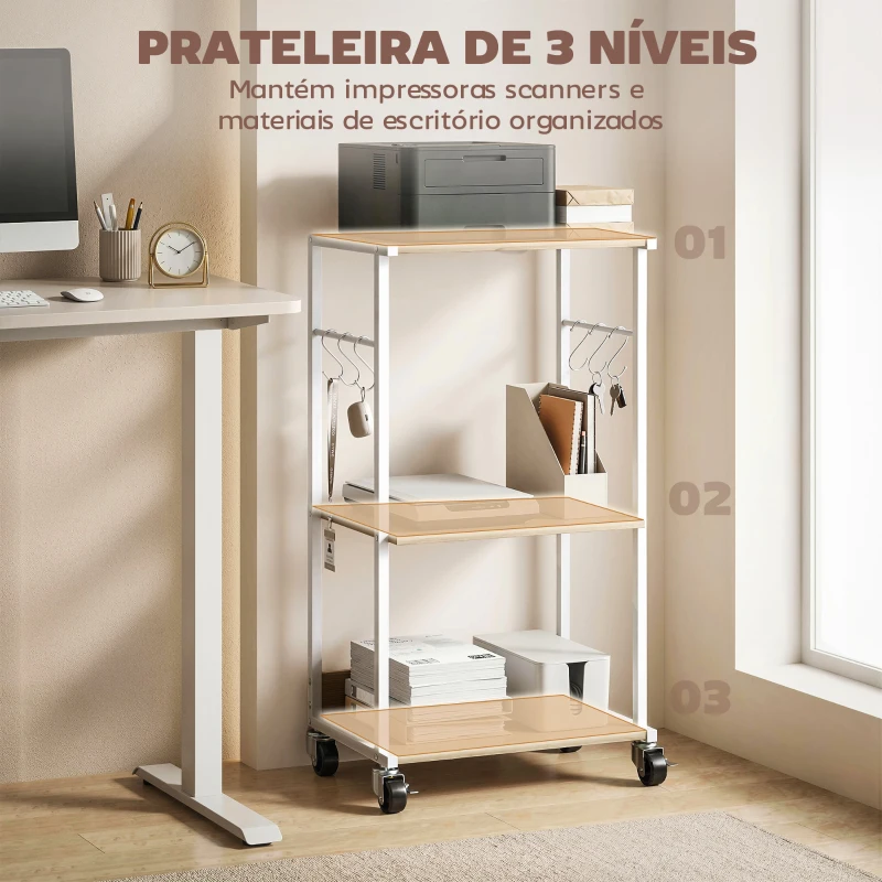HOMCOM Suporte para Impressora de 3 Níveis com Rodas, Móvel com Ganchos e Estrutura Metálica 43x30x82 cm Madeira