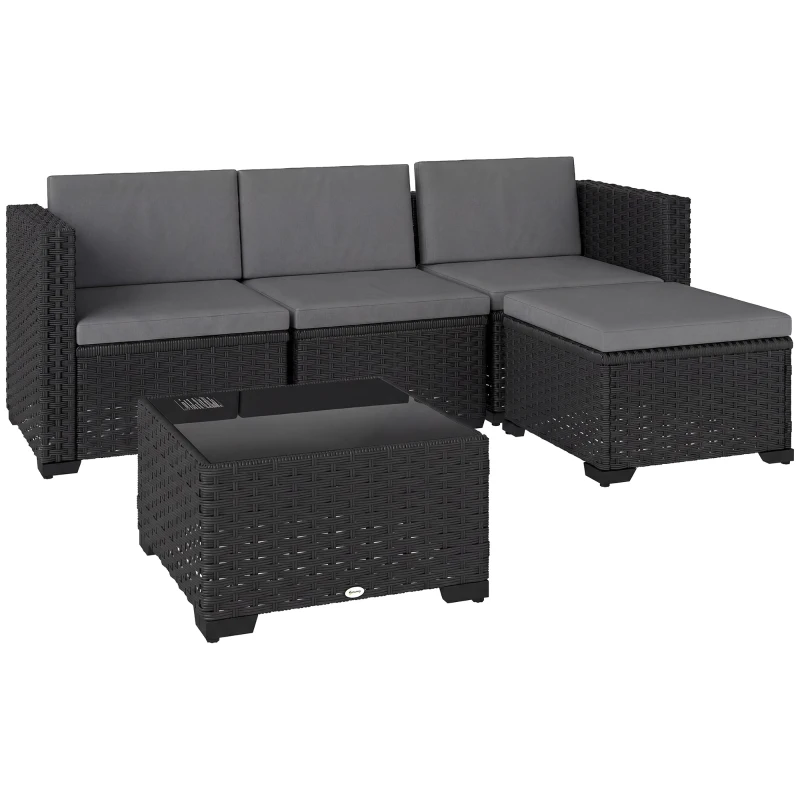 Outsunny Set Modular de Grădină din Rattan cu Perne, Canapea de Colț Gri, 5 Piese