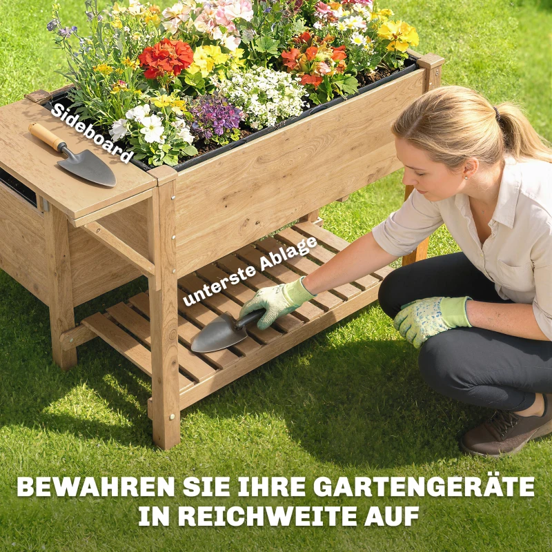 Outsunny Hochbeet 2-stufig erhöhter Pflanzkasten mit Vliesstoff Abflussloch, Holz 119,5 x 102 x 76,5 cm Hellbraun