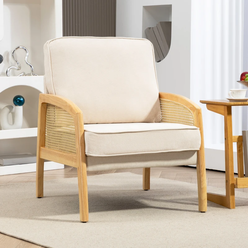 HOMCOM Poltrona Sala de Estar Moderna com Apoio para os Braços em Vime e Pés de Madeira para Escritório 67x75x88 cm Bege