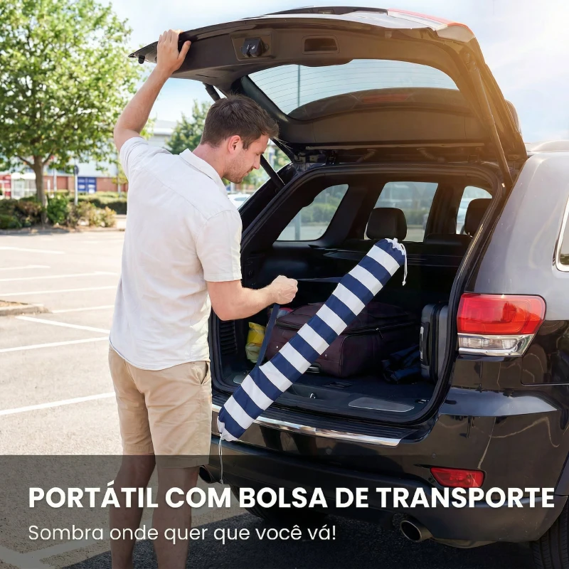 Outsunny Chapéu de Sol de Praia com Franjas Ø180 cm Chapéu de Sol Exterior com Altura Ajustável Inclinação 30° Azul e Branco