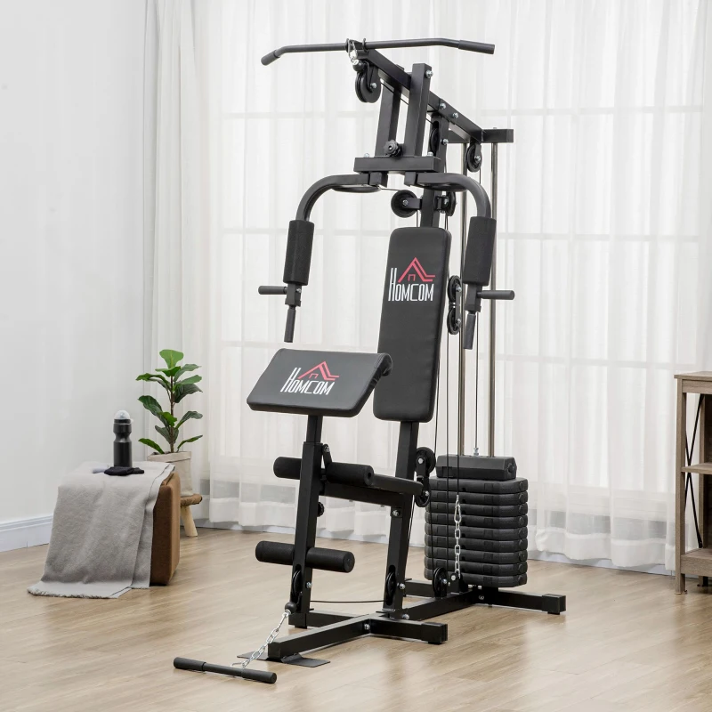 HOMCOM Máquina de Musculação com Pesos Ajustáveis de 45 kg, Press de Peito e Pernas, Polia 135x103x210 cm, Preto