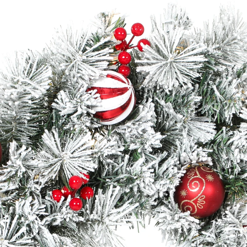 HOMCOM Couronne de Noël Lumineuse 60 cm Enneigée Floquée avec 50 LED, 15 Boules Décoratives, 140 Branches, 8 Modes, Vert