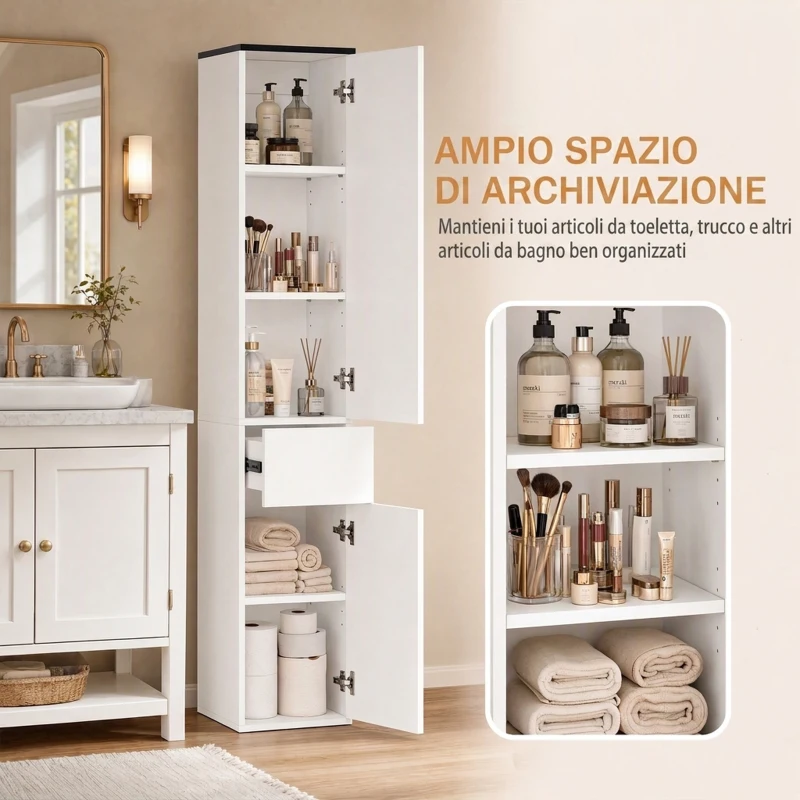 kleankin Mobile Bagno con Ripiano Regolabile, 2 Ripiani Chiusi e un Cassetto in Legno, 30x28x180 cm, Bianco
