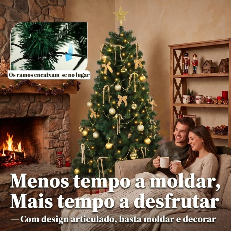 HOMCOM Árvore de Natal Decorativa 180 cm com 240 LED 755 Pontas Ignífugas Estrela 30 Bolas 18 Laços e Decoração Dourada Verde