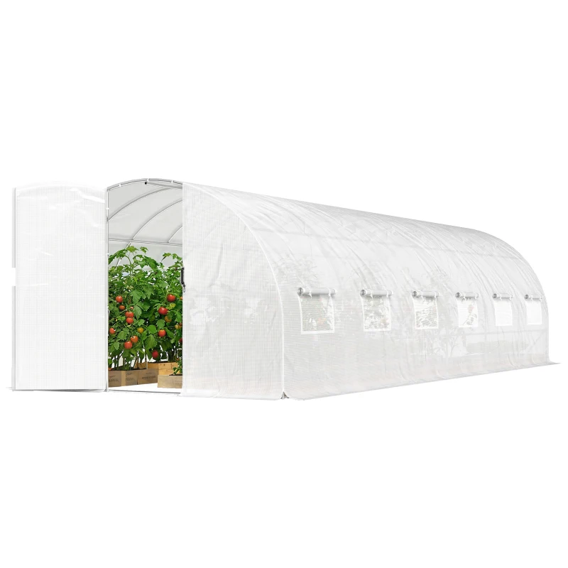Outsunny Serre tunnel de jardin 24m², serre de jardin tunnel avec portes et 12 fenêtres avec moustiquaires, 295x798x199cm, blanc