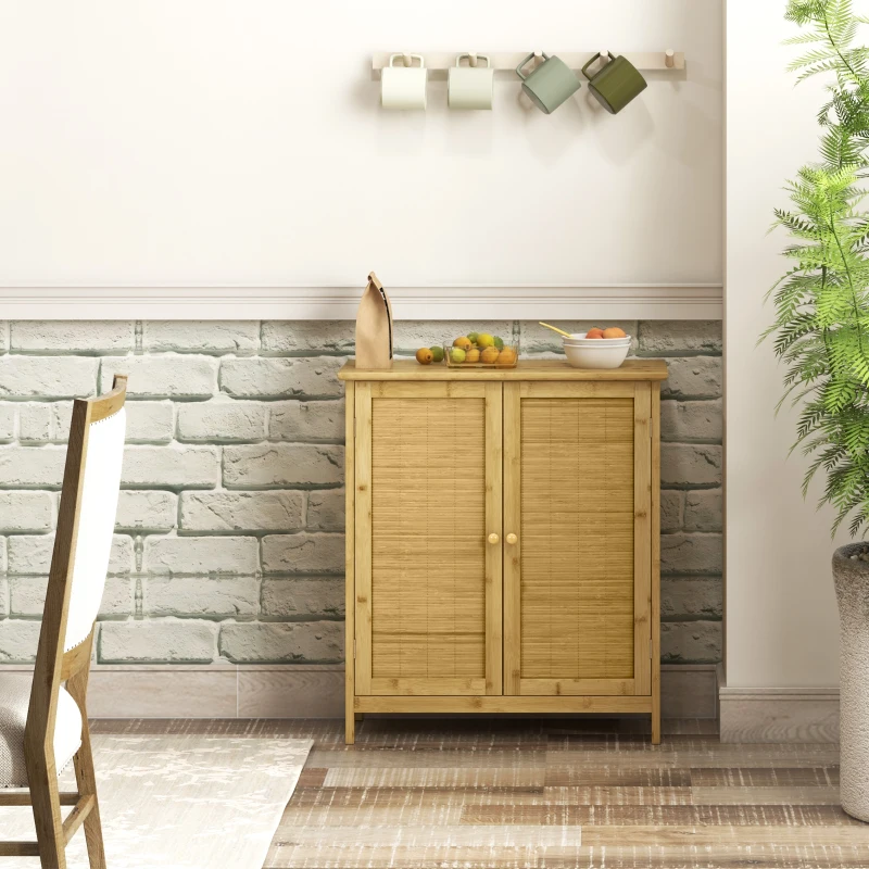 HOMCOM Aparador de Bambu de 2 Portas Aparador Boémio com 2 Prateleiras para Cozinha Entrada 60x27x67,5 cm Madeira
