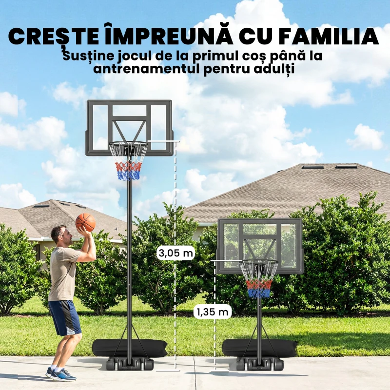 SPORTNOW Coș de Baschet Portabil , Înălțime Reglabilă 135-305 cm, Negru