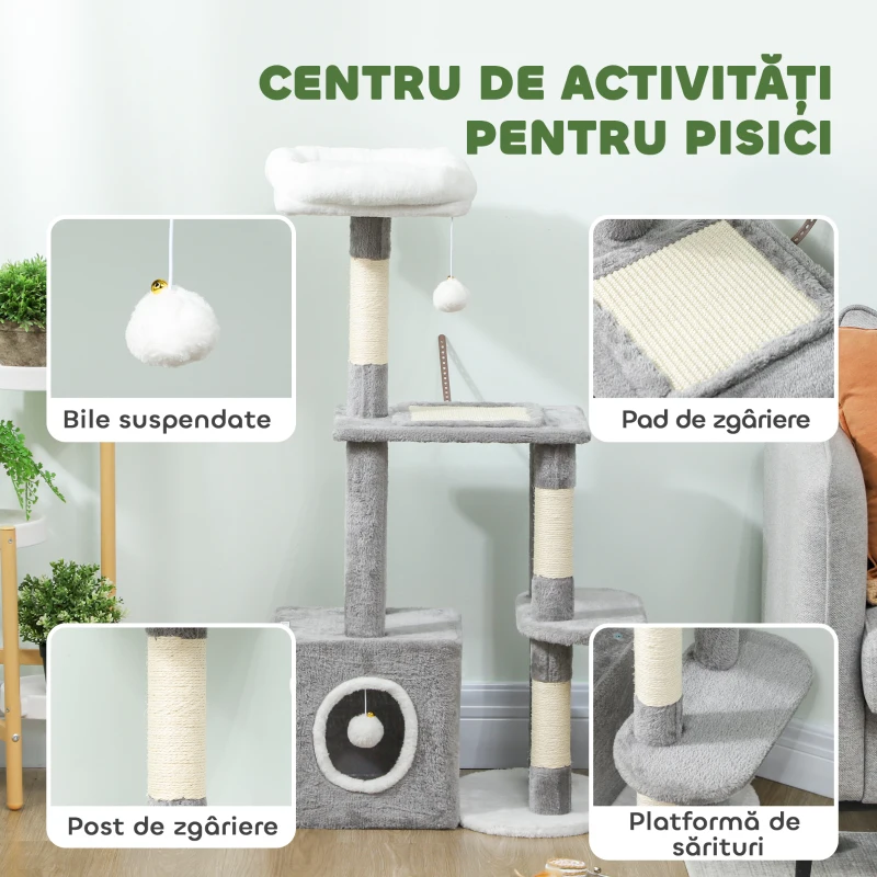 PawHut Arbore de Zgâriat pentru Pisici cu Căsuță, Pat și 2 Bile, din Lemn și Pluș, 55x40x107 cm, Gri și Alb