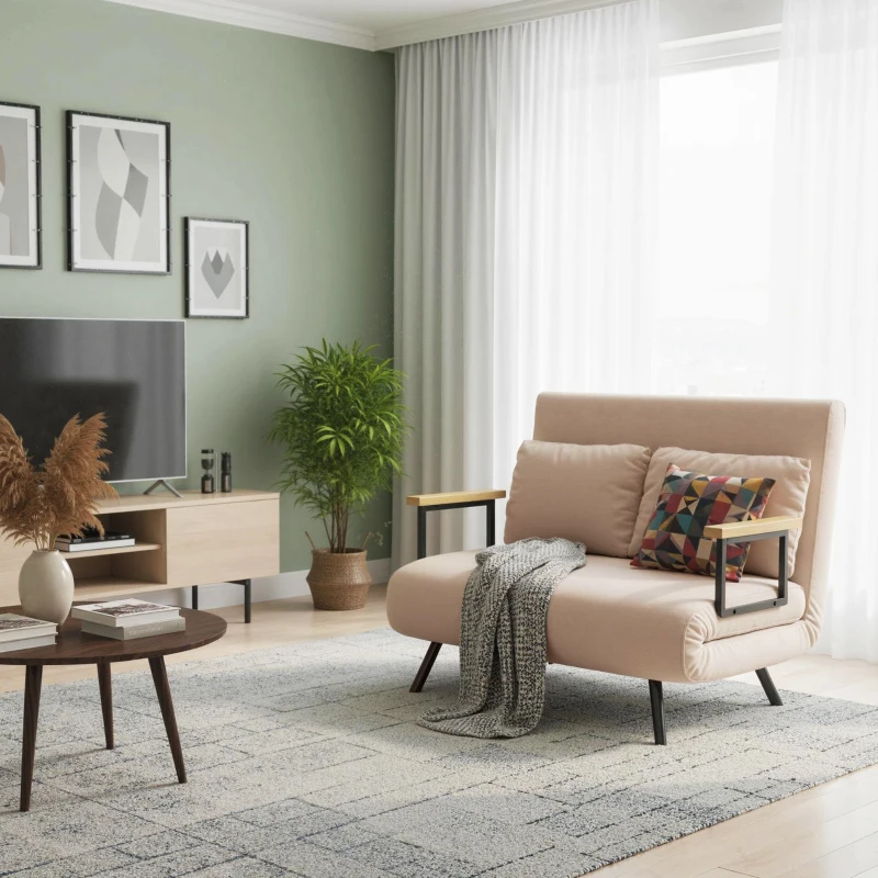 HOMCOM Sofá Cama Convertível 2 Lugares Dobrável com Encosto Ajustável em 5 Níveis e 2 Almofadas 102x73x81 cm Bege Claro