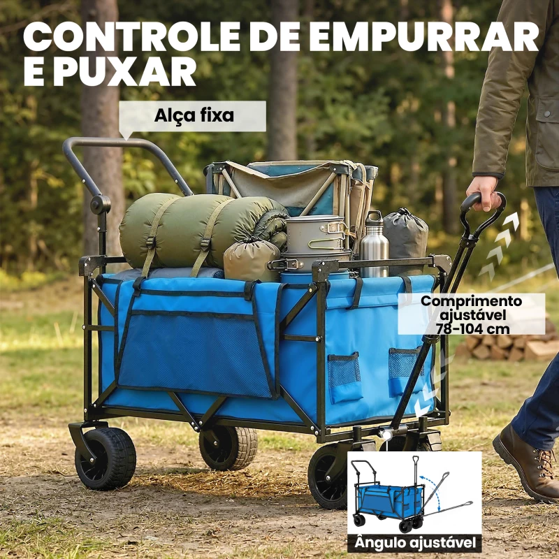 Outsunny Carrinho de Transporte com Rodas Grandes Travão Teto Amovível Carro Dobrável para Jardim com Barra Ajustável 125x59x133 cm Azul
