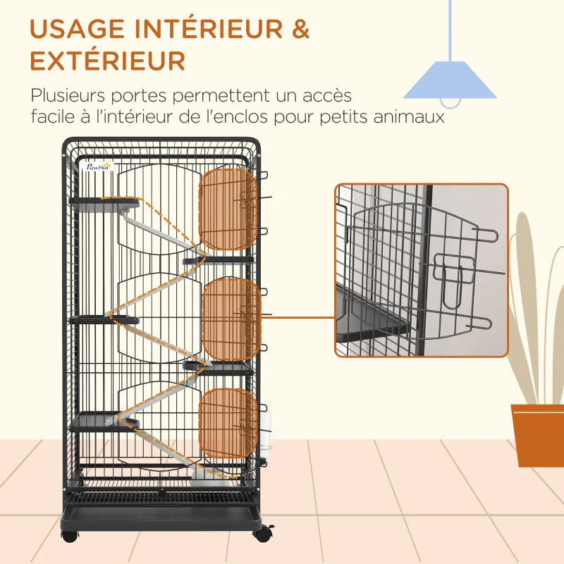 PawHut Cage pour Petits Animaux Roulante 5 Rampes 5 Plates-formes Plat et Bouteille d'Eau 250 ml Bac Inférieur Amovible