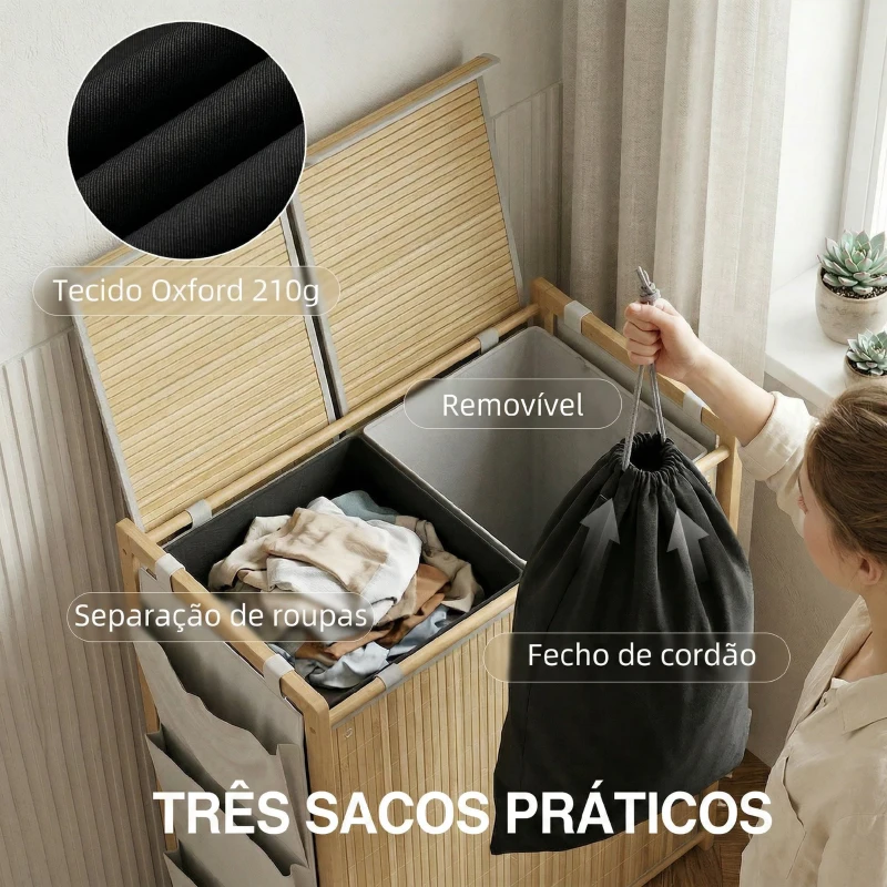 HOMCOM Cesto de Roupa Suja em Bambu com Tampa, 120L, com 2 Sacos com Cordão Removíveis e Laváveis, Bolsos Laterais 63x33x78 cm Madeira