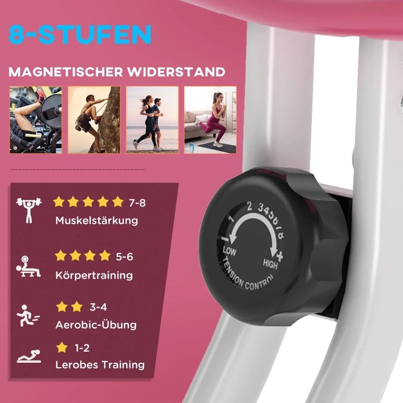 HOMCOM Heimtrainer Fahrradtrainer klappbar Magnetisch Hometrainer Fahrrad mit LCD Monitor, 8 stufig einstellbarem Magnetwiderstand Räder, Leise Platzsparend Fitnessbikes für Zuhause Rosa+Weiß