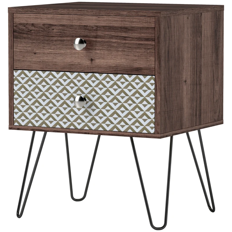 HOMCOM Mesa de Cabeceira com 2 Gavetas Pés de Aço Estilo Boémio Mesa de Cabeceira para Quarto Sala de Estar 45x39x55,5 cm Marrom