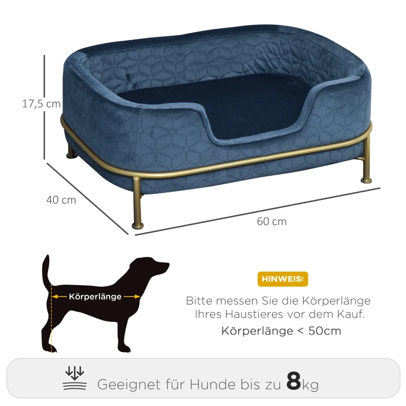 PawHut Hundesofa mit Rückenlehne Haustiersofa mit Metallbeinen Hundebett Weichem Bezug Katzensofa Metall Blau+Gold 63,5 x 43 x 24,5 cm