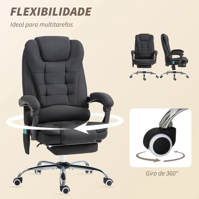 Vinsetto Cadeira de Escritório com 6 Pontos de Massagem Giratória com Encosto Reclinável 135º Função de Aquecimento 65x70x111-119 cm Preto
