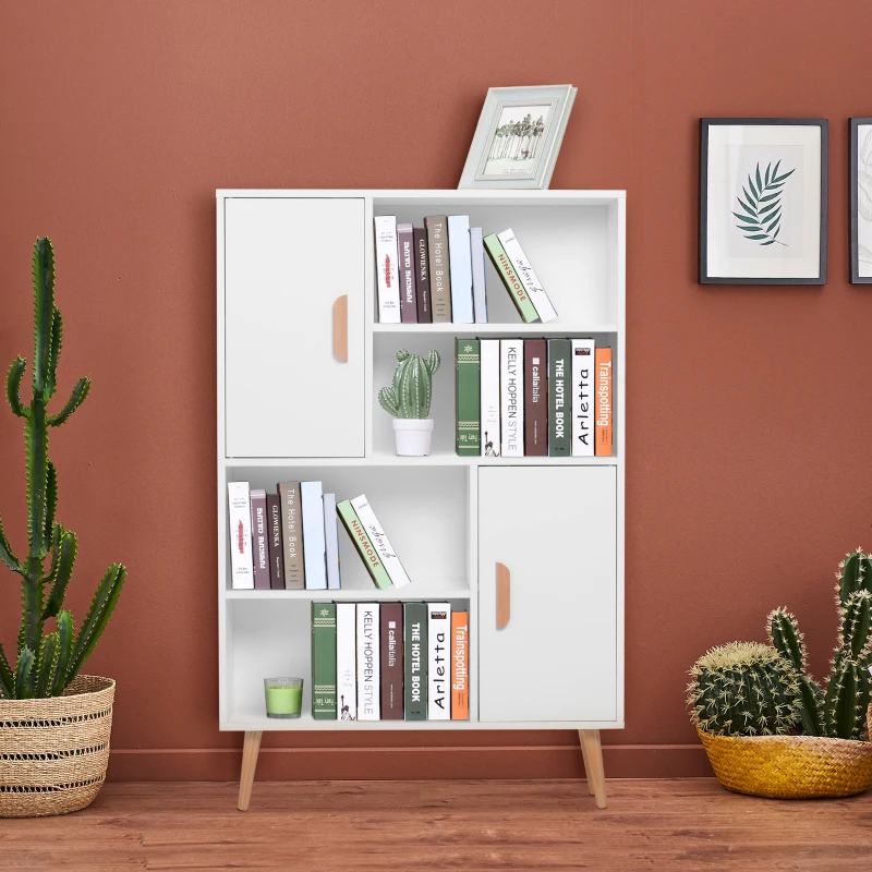 HOMCOM Bibliothèque scandinave 4 niches + 2 placards avec étagère dim. 80L x 24l x 123H cm Pieds effilés inclinés Bois Massif Panneaux Particules Blanc