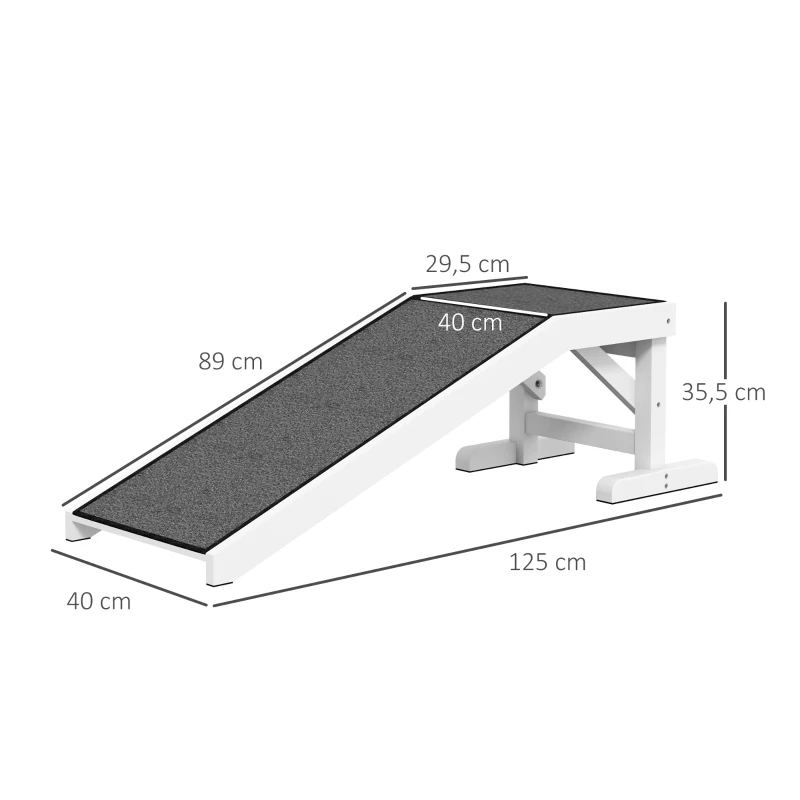 PawHut Rampa de Madeira para Animais com Tapete Antiderrapante para Cães Pequenos ou Séniores 125x40x35,5 cm Branco e Cinzento