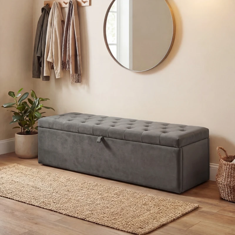 HOMCOM Puff de Armazenamento Banco de Armazenamento 141L 137x41x42 cm Estofado em Veludo Baú de Arrumação Capacidade 240 kg Cinzento
